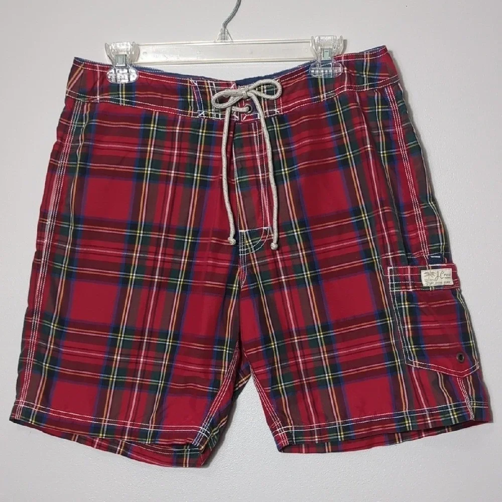 J. Crew Red Tartan Plaid Men's Swim Trunks‎ Board Shorts Size 33 Preppy Classic